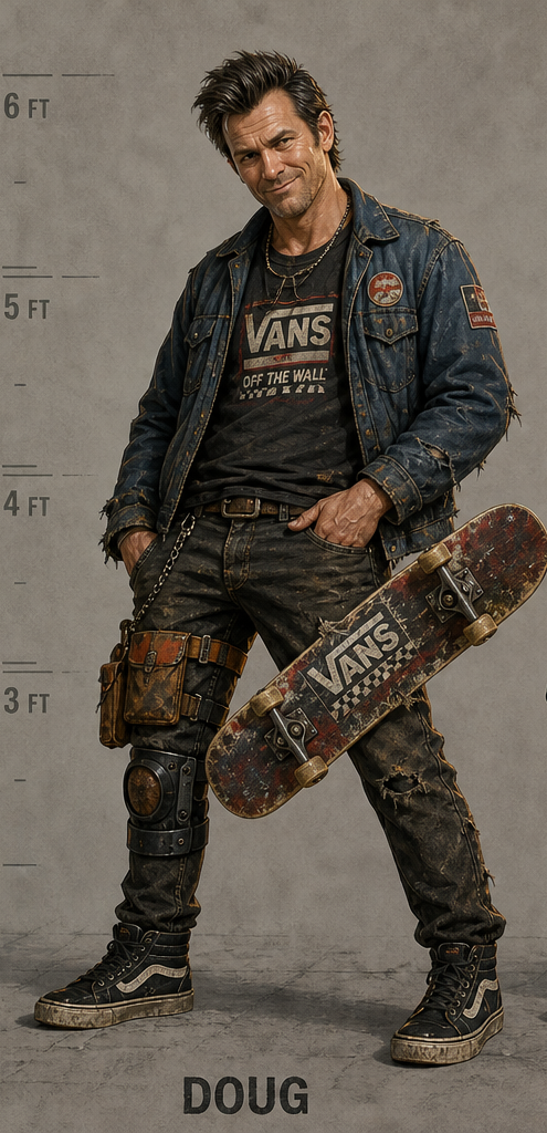 Doug Walker in his repair-shop gear, holding a battered skateboard.