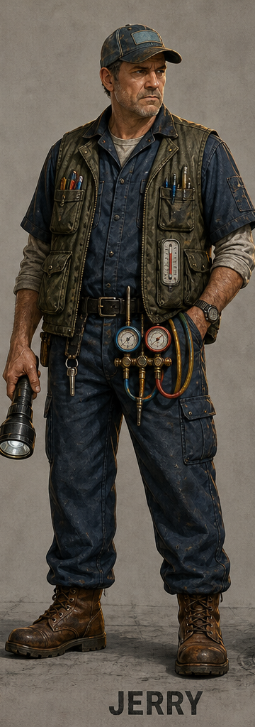 Jerry Collins carrying HVAC gauges and a heavy flashlight.