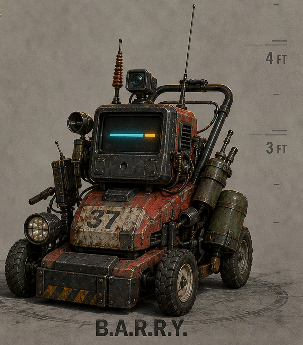 B.A.R.R.Y. inhabiting an overmodified autonomous lawn mower.