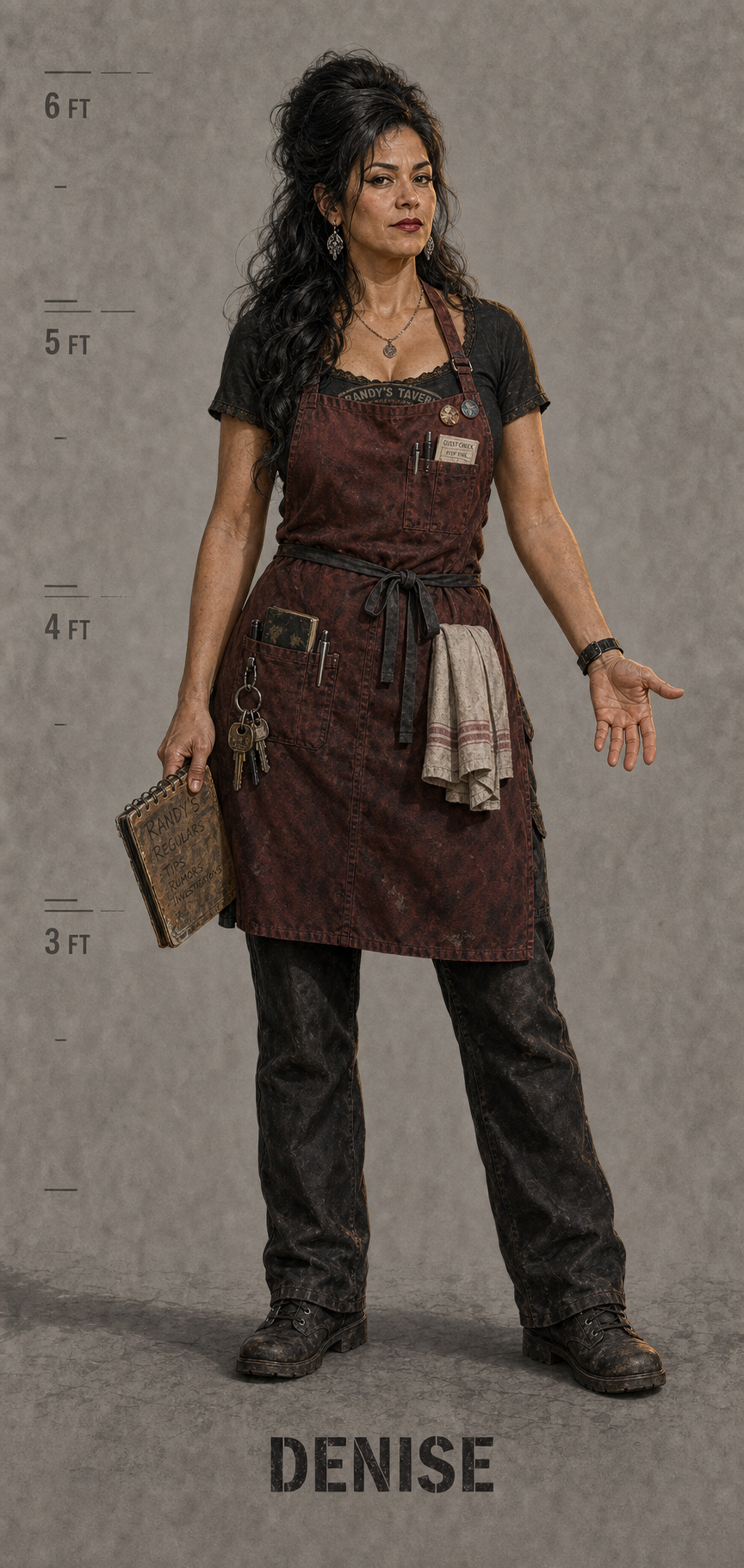 Denise Alvarez in her worn Randy's Tavern apron, carrying an order notebook.