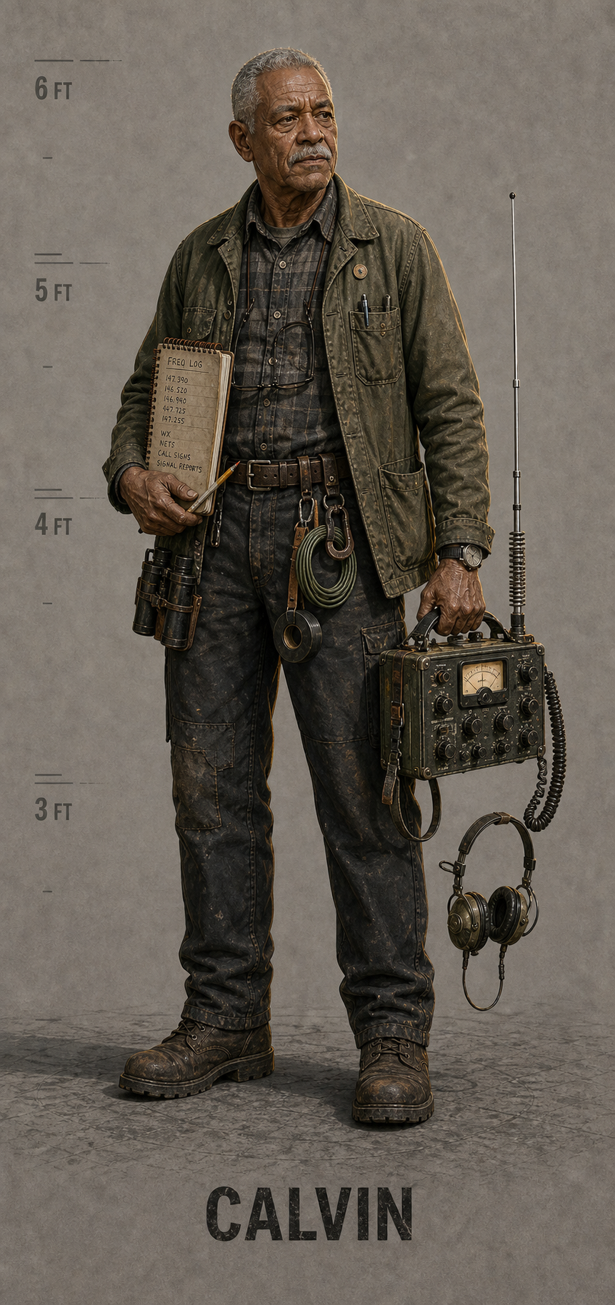 Calvin Reed carrying an analog radio and handwritten frequency log.