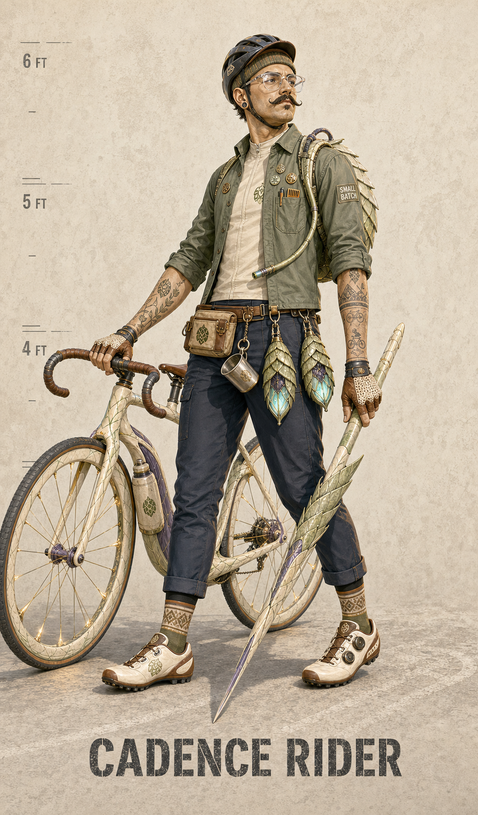 A Cadence Rider with a ceramic bicycle and concealed Bract Lance.
