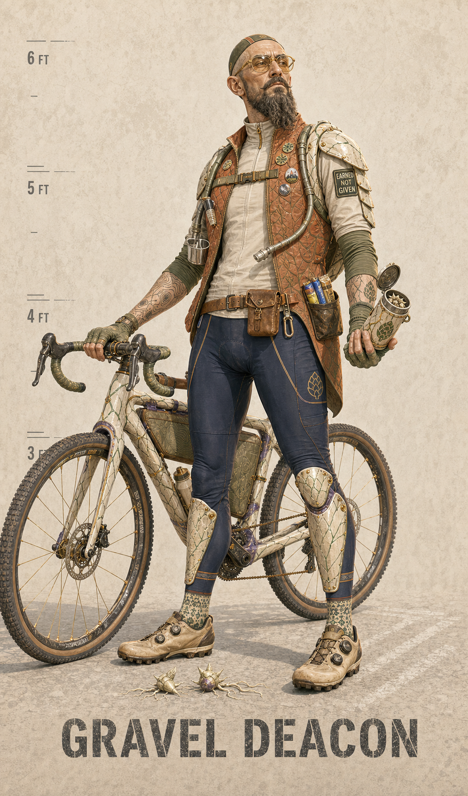 A Gravel Deacon carrying ceramic caltrops beside a cultivated gravel bicycle.