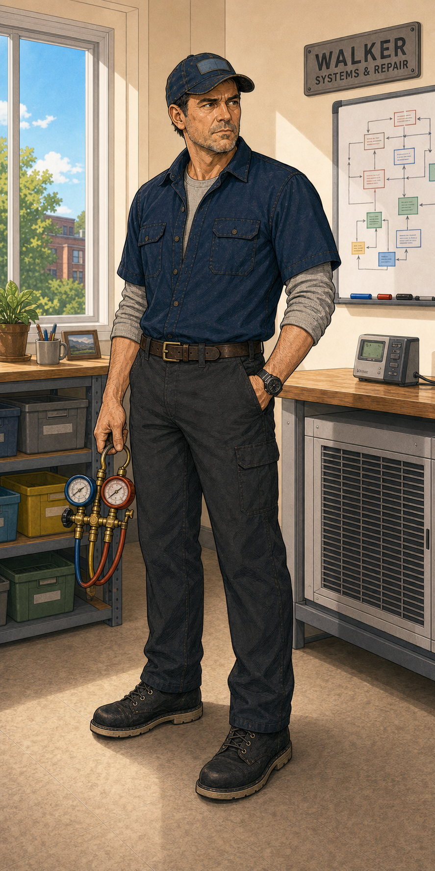 Jerry Collins holding an HVAC gauge manifold at Walker Systems and Repair