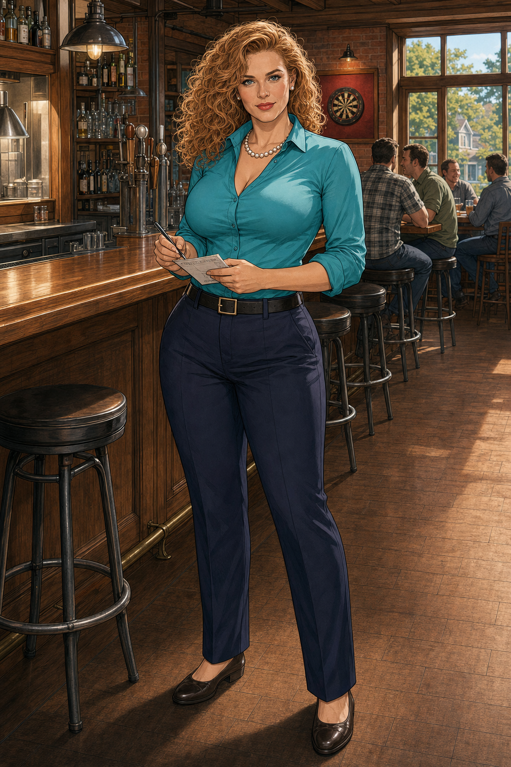 Heather Alvarez taking a guest check behind the bar at Randy’s Tavern